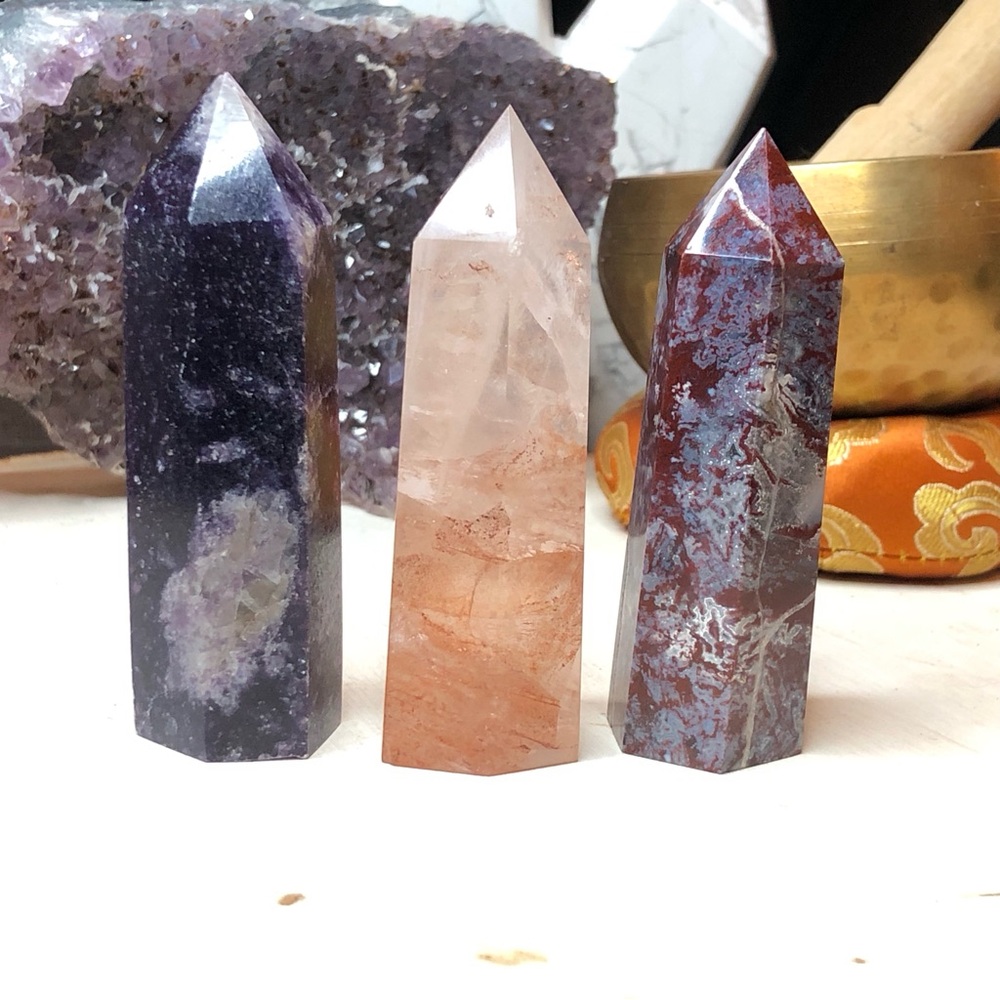 Lepidolite, Fire Quartz, Ocean Jasper Towers
